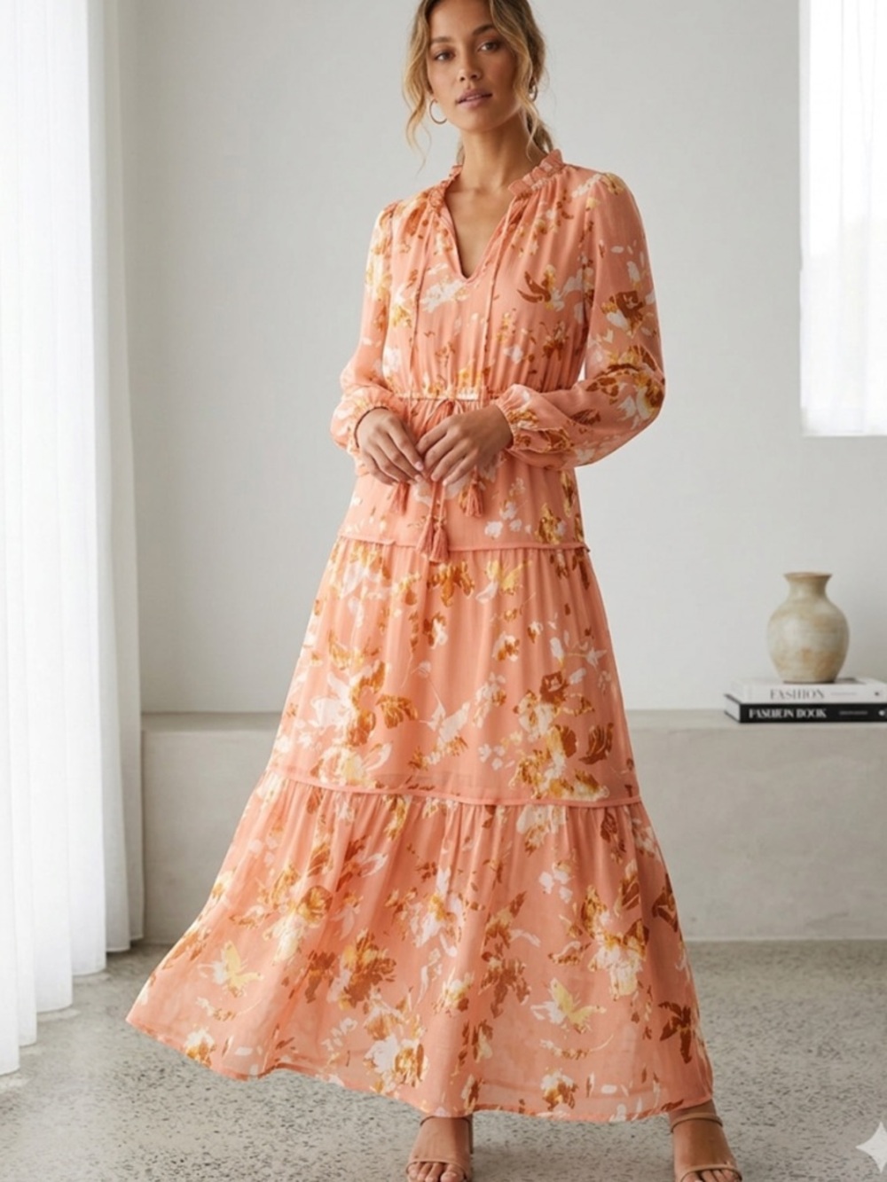 Tinsel Peach Floral Tiered Maxi Dress Petite small PTP 17”